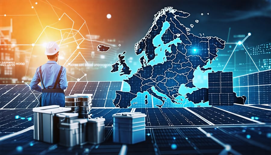 A collage depicting the transformation of used solar batteries into energy solutions for homes and businesses, highlighting sustainability and technological innovation across Europe.