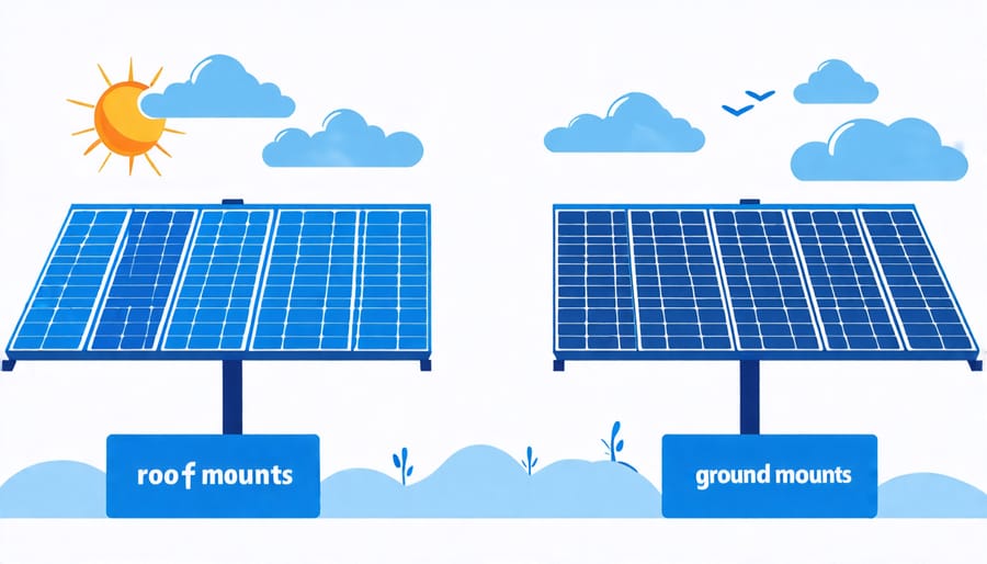 Comparison diagram of roof-mounted and ground-mounted solar panel installations