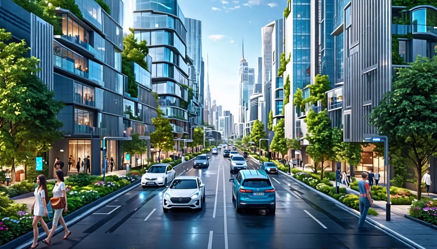 Futuristic European cityscape featuring solar-integrated buildings, energy-efficient street lighting, and eco-friendly public transportation, highlighting sustainable urban development.