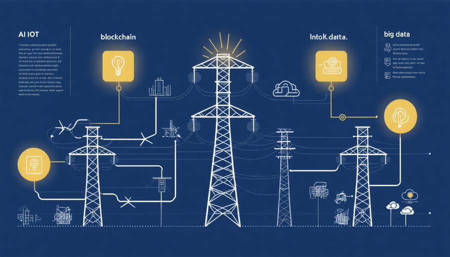 Infographic depicting the components and energy flow in an AI-powered smart grid system.