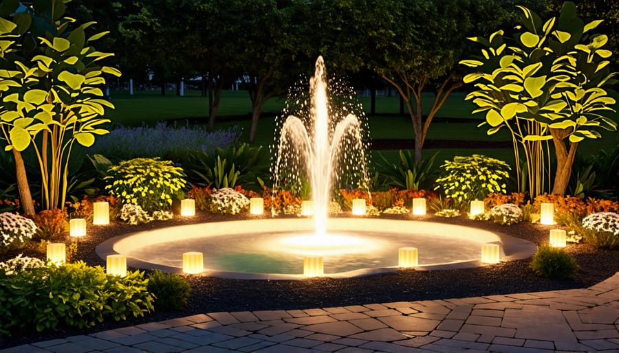 Garden fountain illuminated by solar accent lights, creating a nighttime focal point