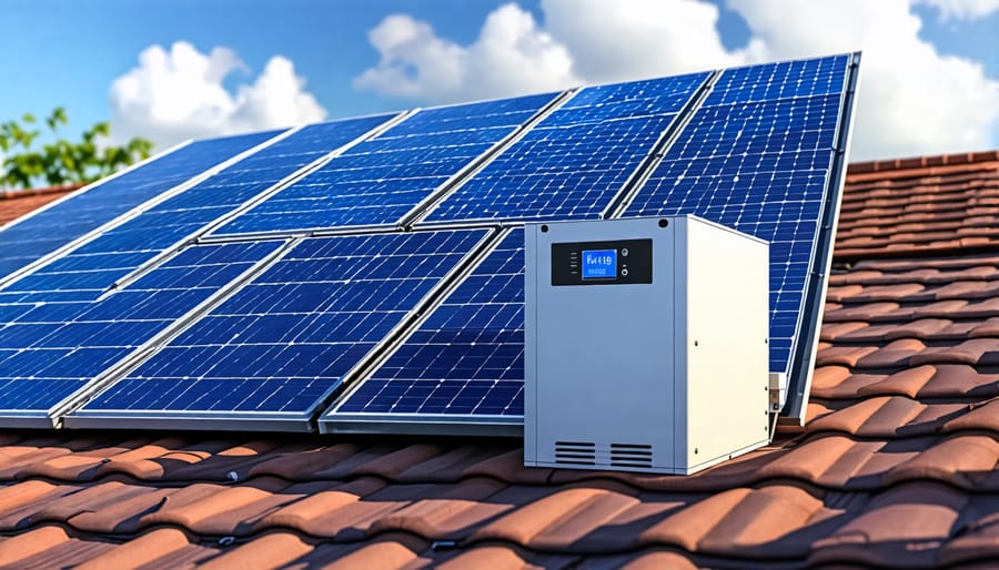 Rooftop solar panels connected to a battery bank and inverter for backup power