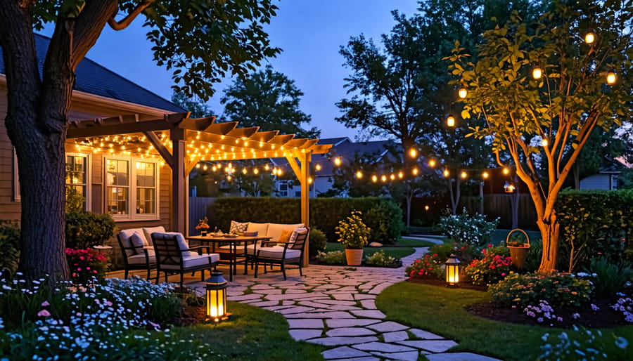 Scenic backyard at dusk with solar path lights along a garden path, string lights on a pergola, and lanterns creating a cozy, enchanting atmosphere.