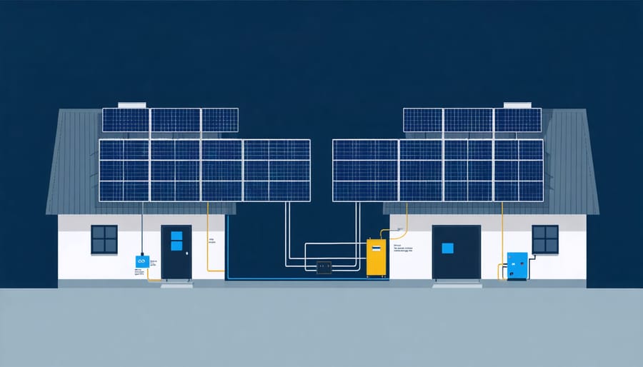 Schematic illustration of how solar panels and battery storage work together in an industrial setting