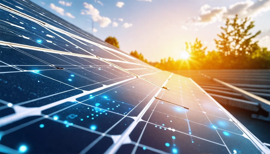 A creative visualization of a solar battery management system, featuring solar panels, digital data displays, and sustainable energy motifs, symbolizing efficient and reliable energy management practices in Europe.