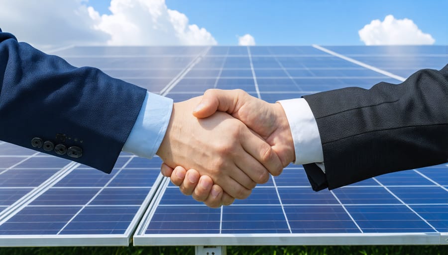 Businesspeople making a deal with solar panels in the background