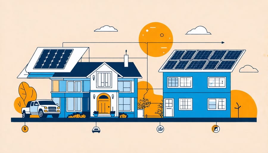 Illustration of factors influencing solar panel installation costs, including location, panel type, and extra equipment