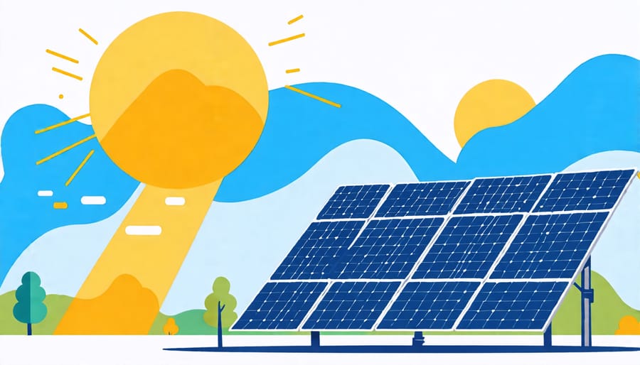 Graphic illustrating the conversion process of sunlight into electrical energy by solar panels