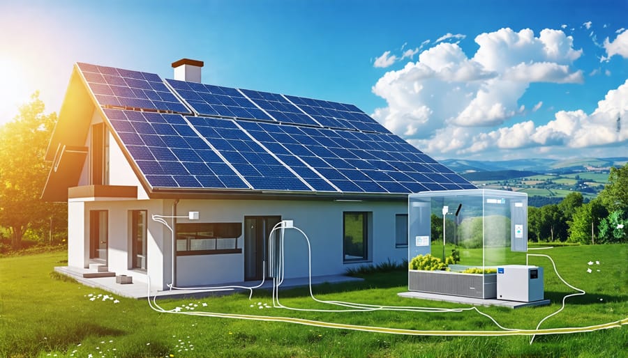 Conceptual illustration of a house with solar panels and a transparent battery storage unit, symbolizing energy flow and storage, set against a European landscape.