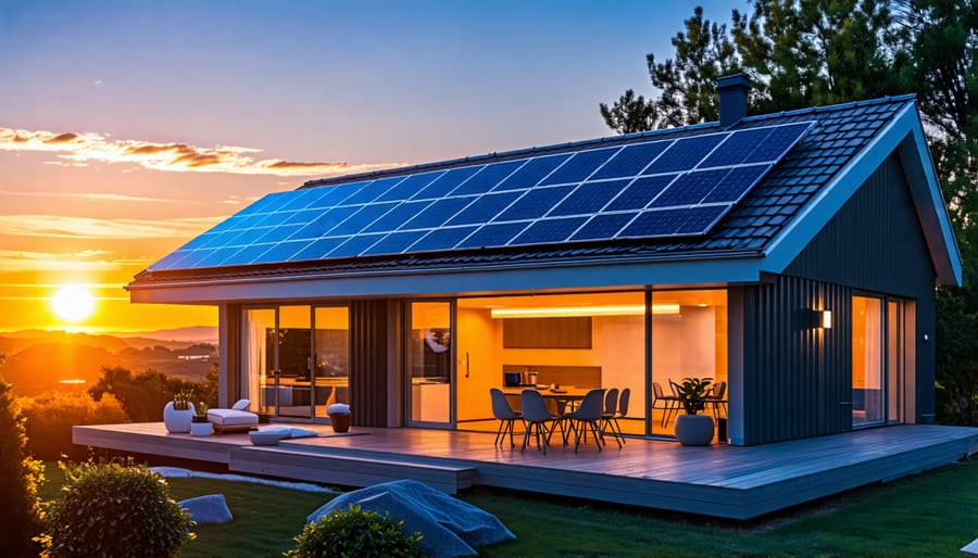 A contemporary European house equipped with solar panels and a battery storage system, showcasing sustainable energy use at dusk.