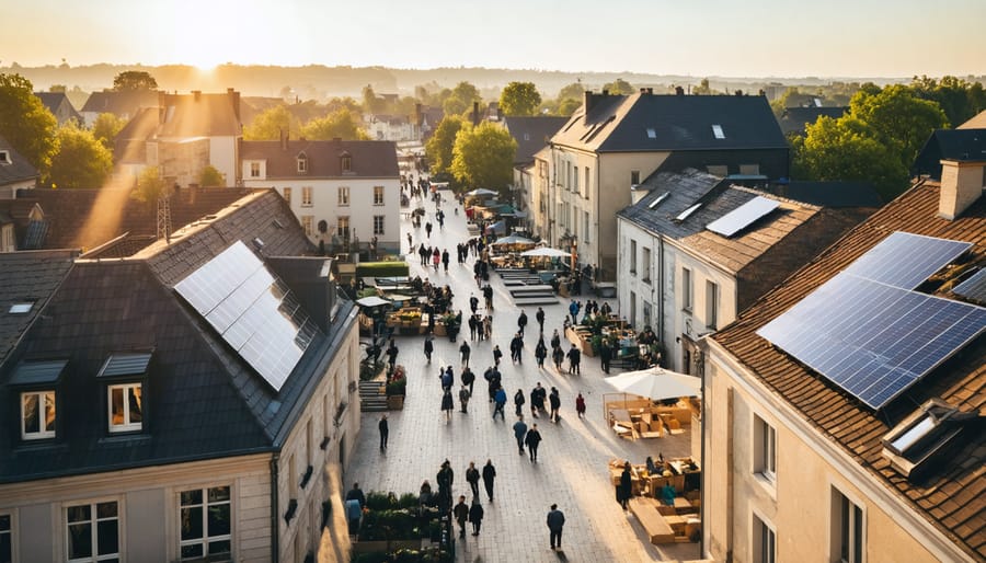 A lively European community with solar panels on rooftops, showcasing economic growth and energy independence under the sun.