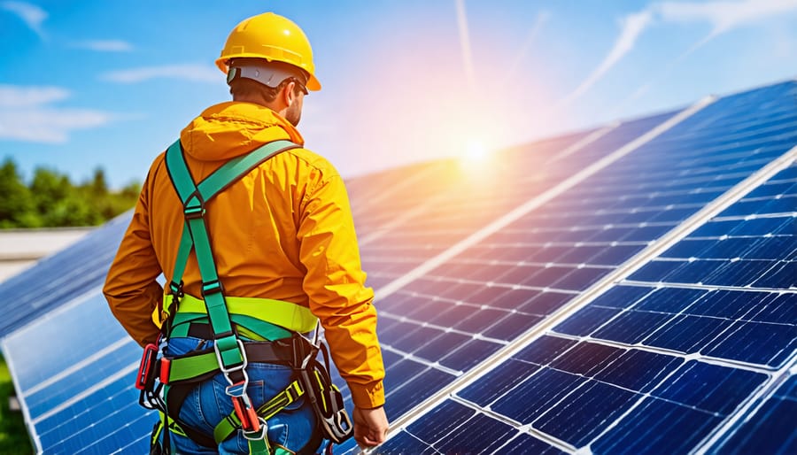 Safety harness, lanyards, and anchors used for fall protection in solar installations