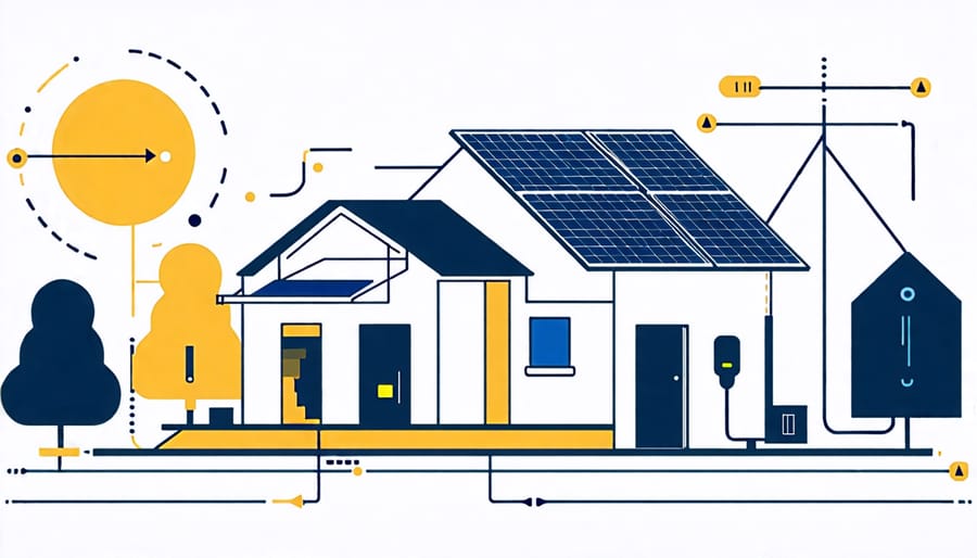 Visual representation of residential solar system components and grid connection