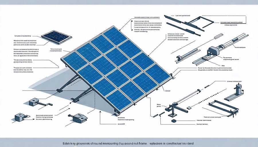 Technical illustration of the parts and structure of a solar ground mount