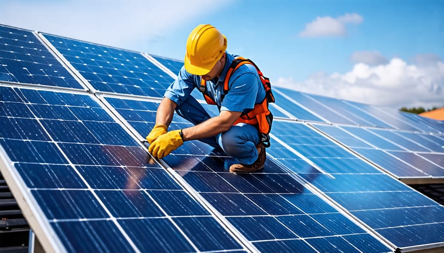 Technician in full PPE installing solar panels on a residential roof