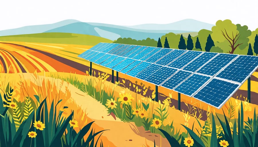 Diagram illustrating the steps to assess energy needs, work with a provider, and maintain solar equipment on a farm