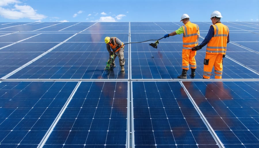 Solar farm maintenance crew cleaning PV panels