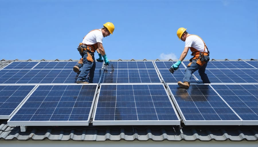 Solar panel installation crew working on a residential rooftop