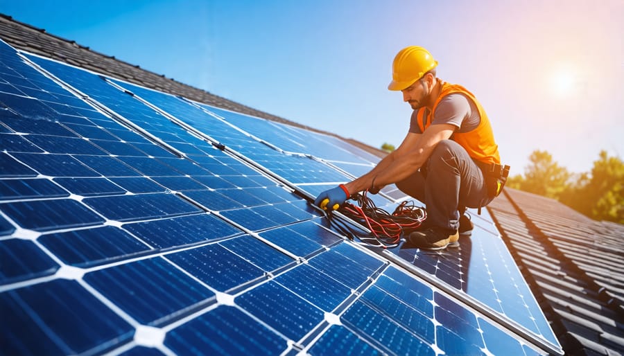 Solar technician mounting and connecting solar panels on a residential roof