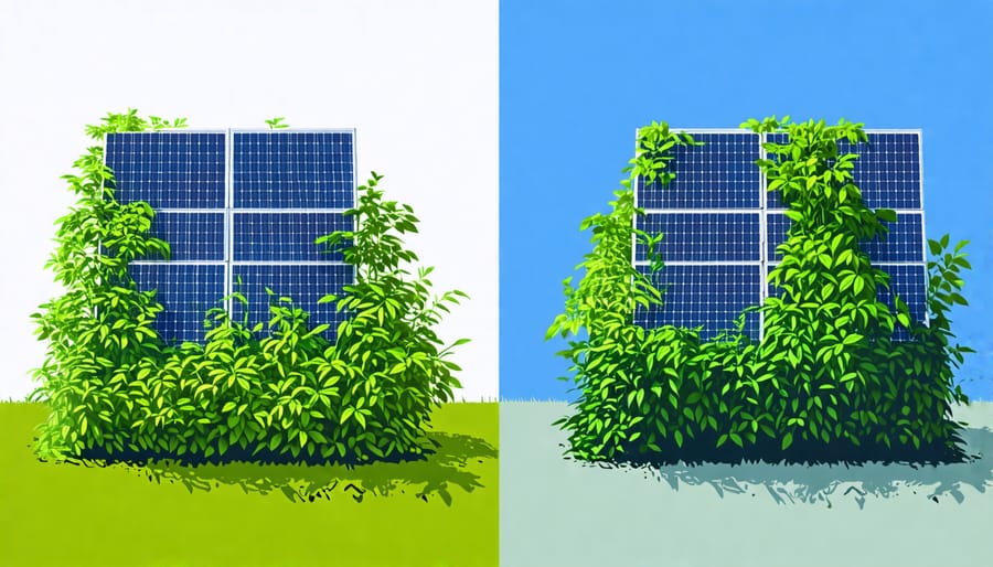 Illustration of how plant growth can obstruct solar panels over time