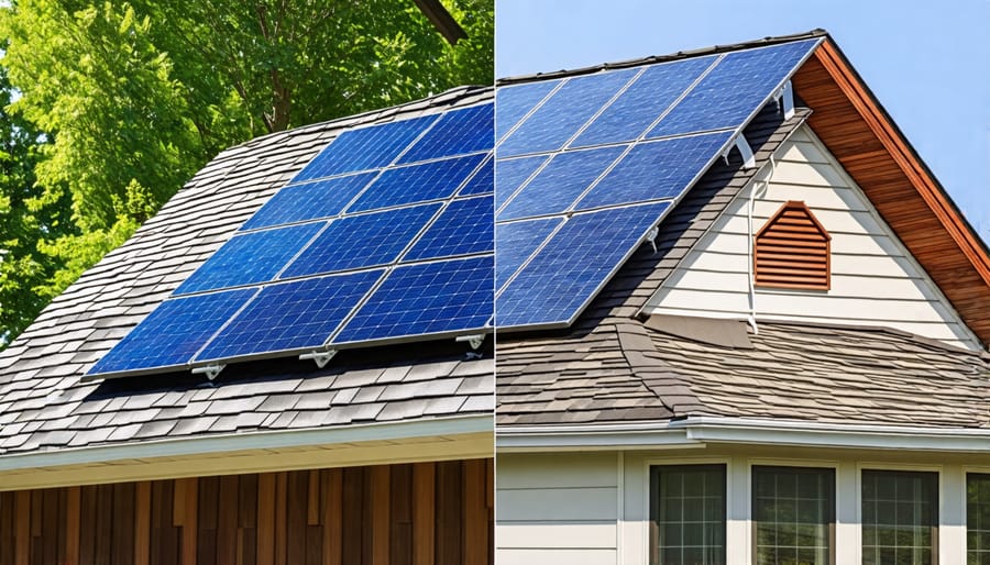 Side-by-side comparison of a traditional solar panel installation and an integrated solar shingle installation on residential roofs