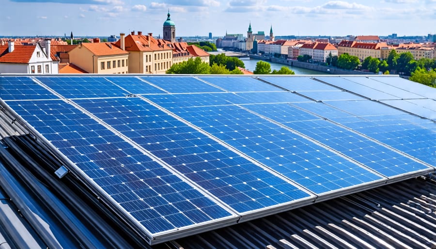 Efficient solar panels on a rooftop with a European cityscape