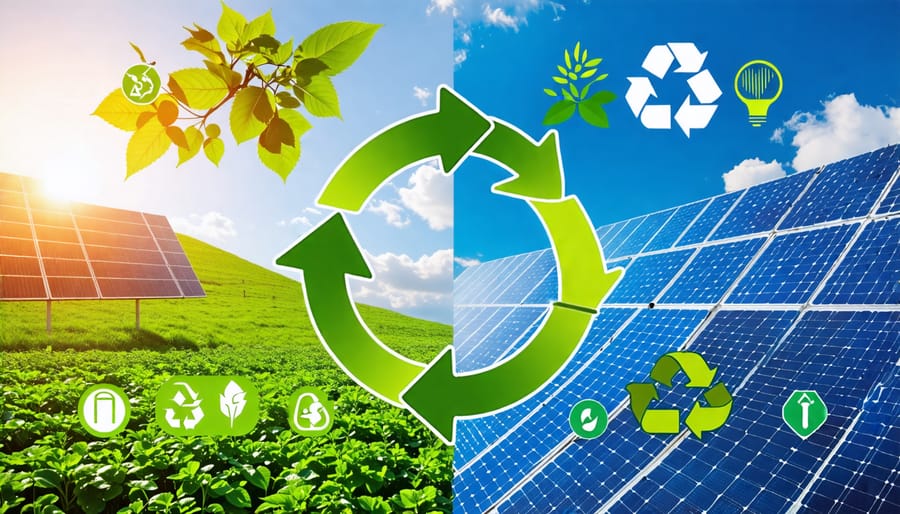 Conceptual representation of the solar panels' lifecycle, from raw material extraction and manufacturing to installation and recycling, emphasizing sustainability and the circular economy.