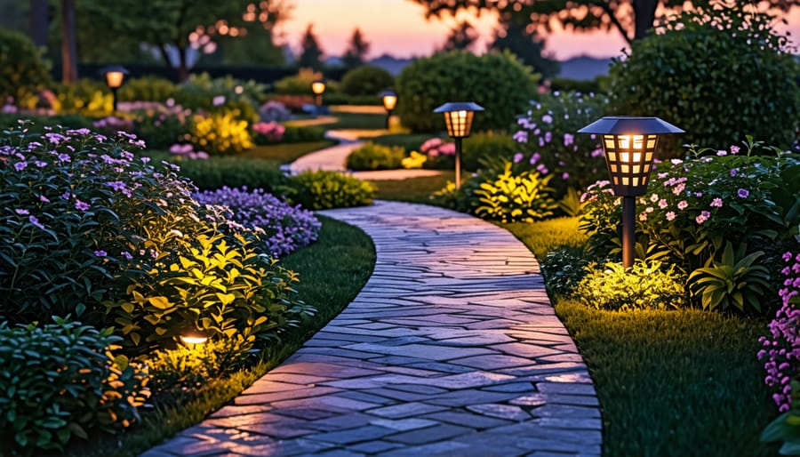 Solar path lights guiding the way along a backyard garden path in the evening