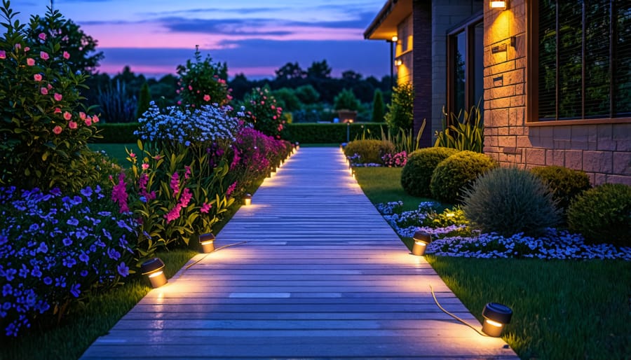 Solar pathway lights illuminating a garden walkway at dusk