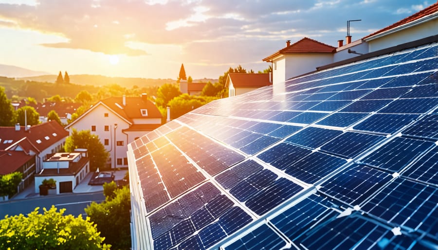 Illustration showing solar panels on a European-style rooftop, connected to an inverter system and batteries, symbolizing the transition and storage of solar energy for home use.