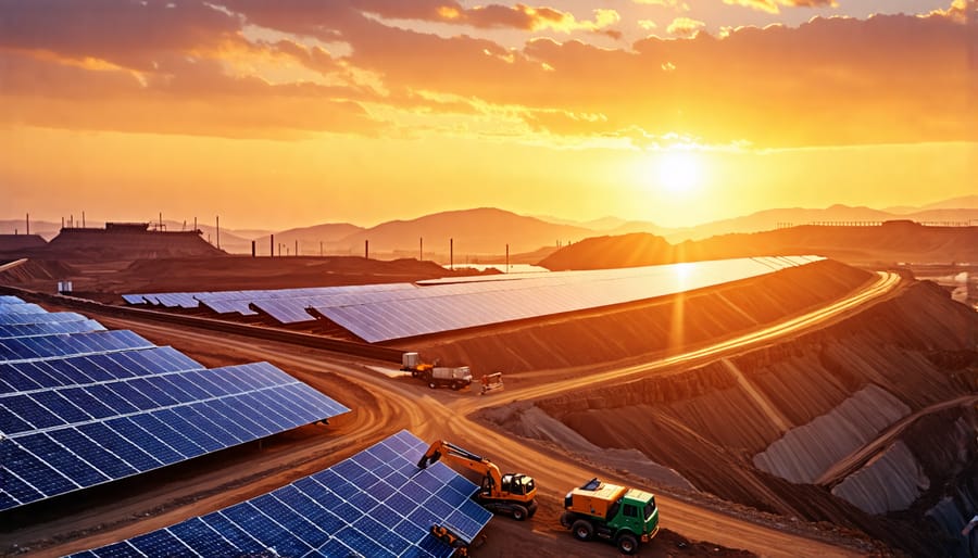 An illustration depicting a sunrise over a mining facility powered by solar panels, symbolizing the integration of renewable energy into the mining industry.