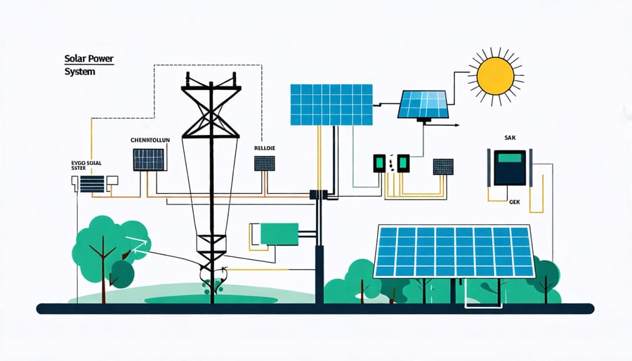 Schematic representation of solar panels, batteries, inverter, and grid connection