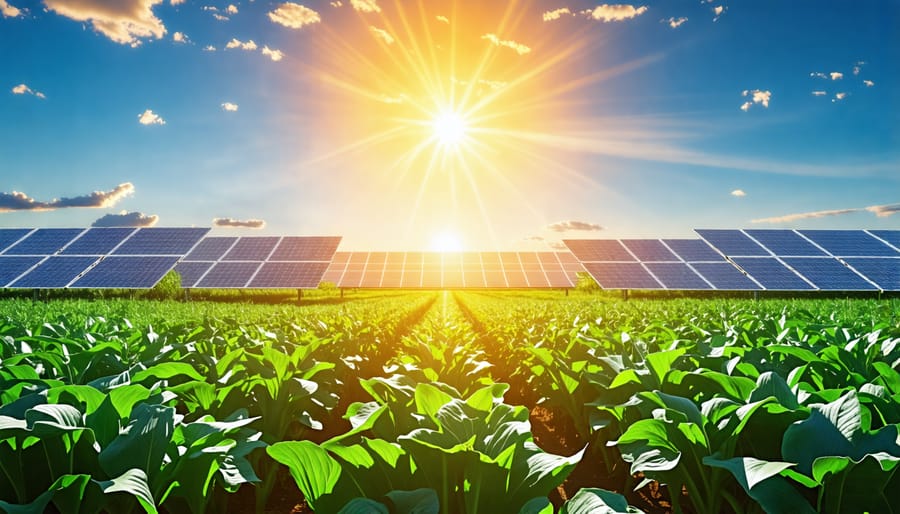 Solar panels and lush crops coexisting in a farm field, illustrating the fusion of renewable energy and sustainable agriculture.