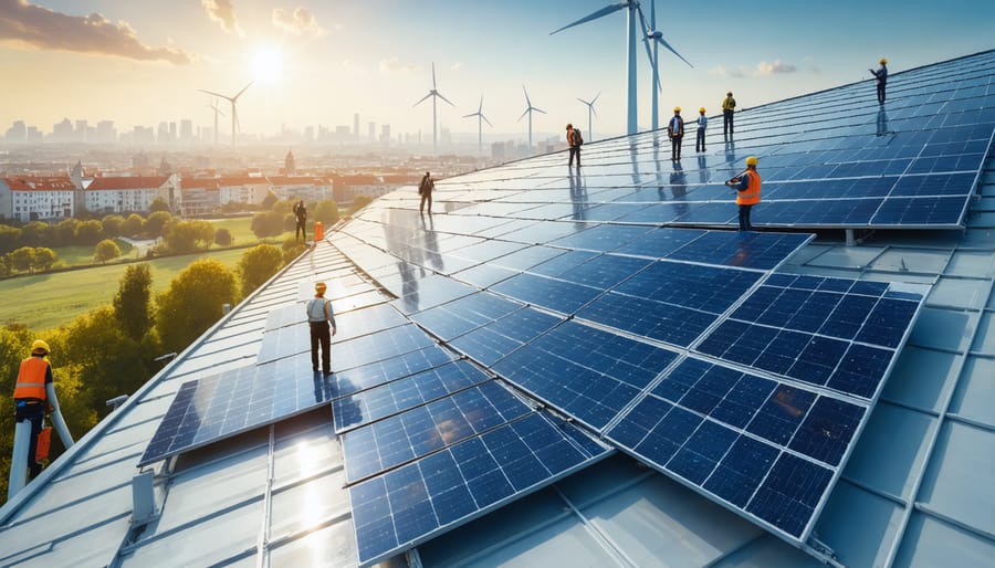 A futuristic European city skyline with solar panels on rooftops and open areas, symbolizing solar energy enhancing economic growth, alongside diverse people working together.