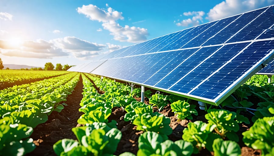 Solar panels providing clean energy to power an efficient irrigation system on agricultural land