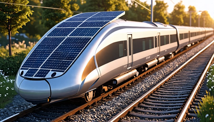 A solar-powered train with solar panels installed on its roof, moving through a European landscape