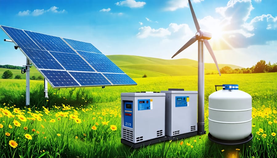 Illustration of a solar-powered backup system for a well pump, featuring solar panels, a battery bank, an inverter, and a well pump, set against a rural landscape backdrop, symbolizing energy independence and sustainability.