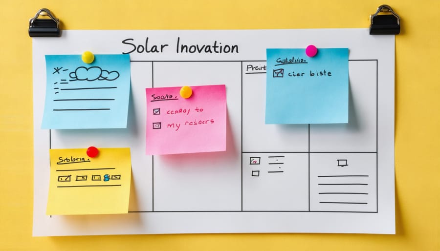 Kanban board visualizing workflow for a solar innovation project