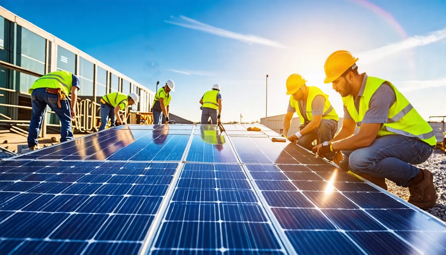 Employees of a European solar recycling company processing end-of-life solar panels