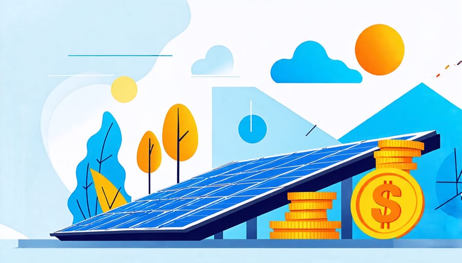 Conceptual representation of solar panel costs, lifetime savings, and return on investment calculation