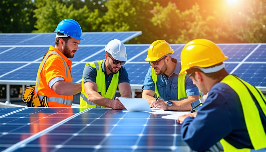 Solar installers gathered for a pre-work safety briefing on site