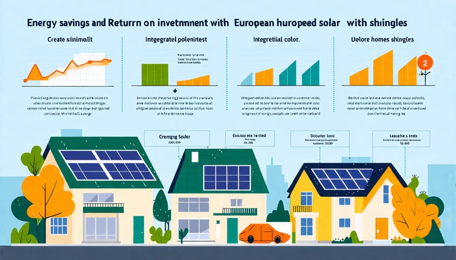 Infographic displaying the estimated energy savings and return on investment for European homes that install integrated solar shingles