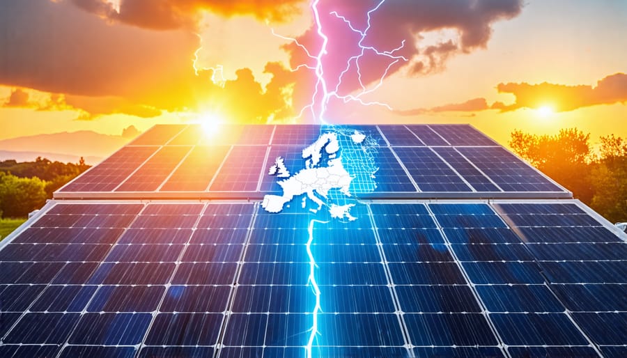 A comparative illustration of solar thermal and photovoltaic technologies showcasing a solar thermal collector producing heat and a photovoltaic panel array generating electricity, with a map of Europe highlighting energy sustainability.