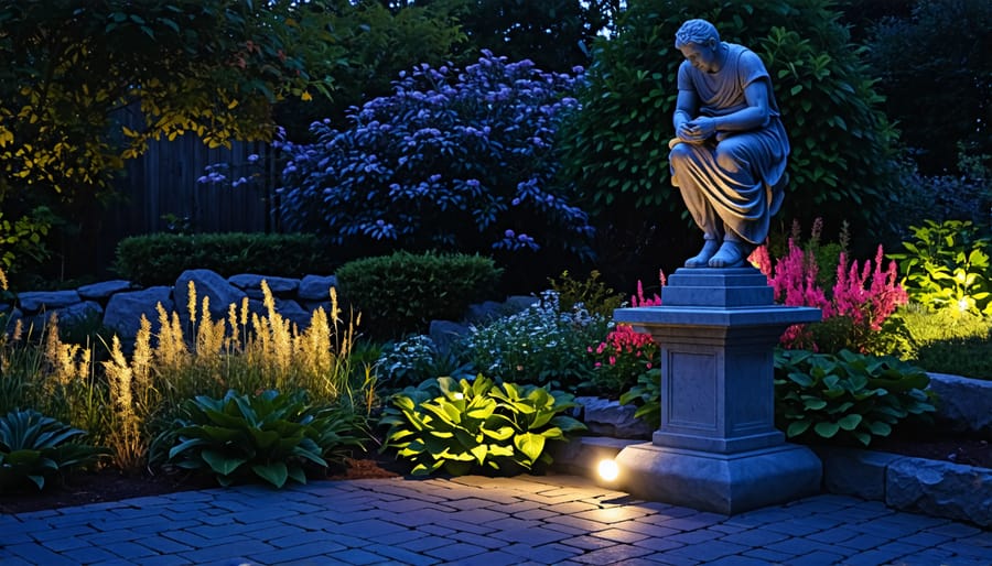 Garden sculpture beautifully accented by solar spotlights in a nighttime backyard setting