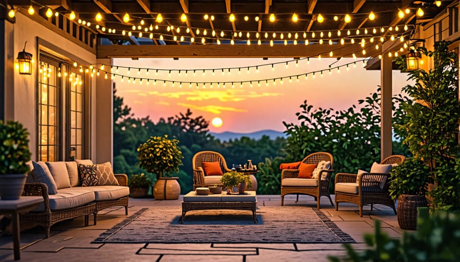 Outdoor patio space decorated with solar-powered string lights for ambiance