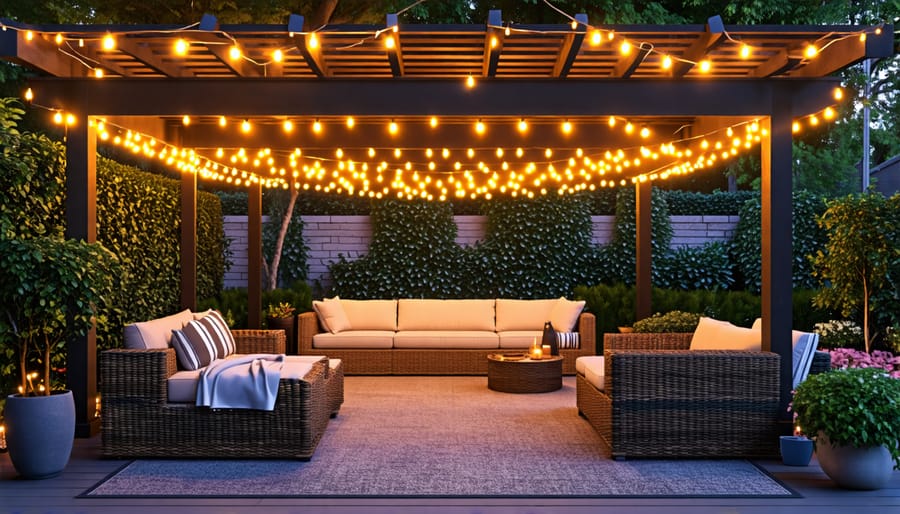 Magical ambiance created by solar string lights on a backyard patio pergola at night