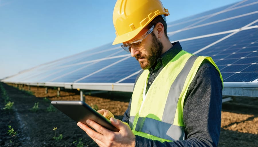 Technician monitoring solar panel performance with digital tablet