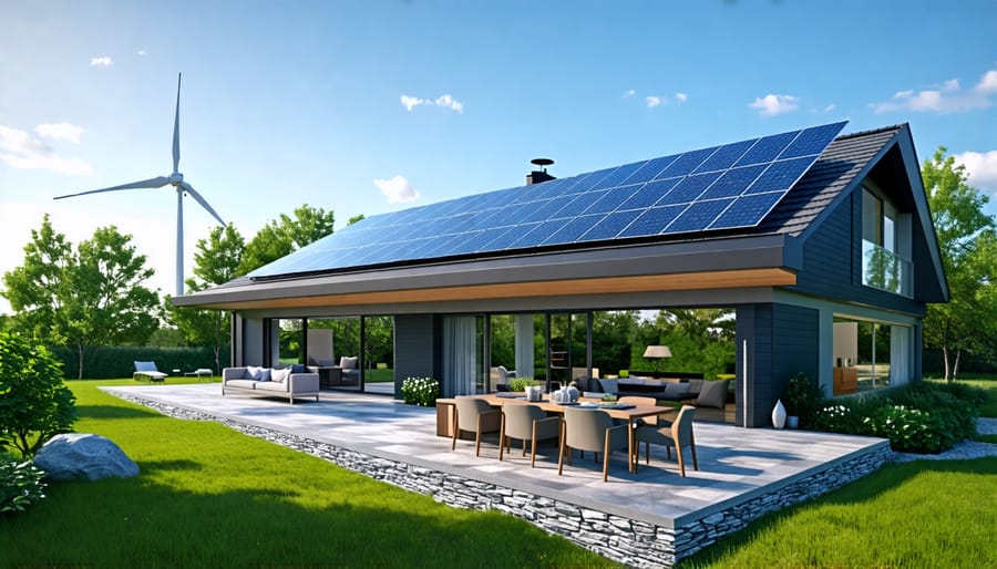 A modern home with solar panels on the roof and a wind turbine in the garden, showcasing sustainable energy solutions.