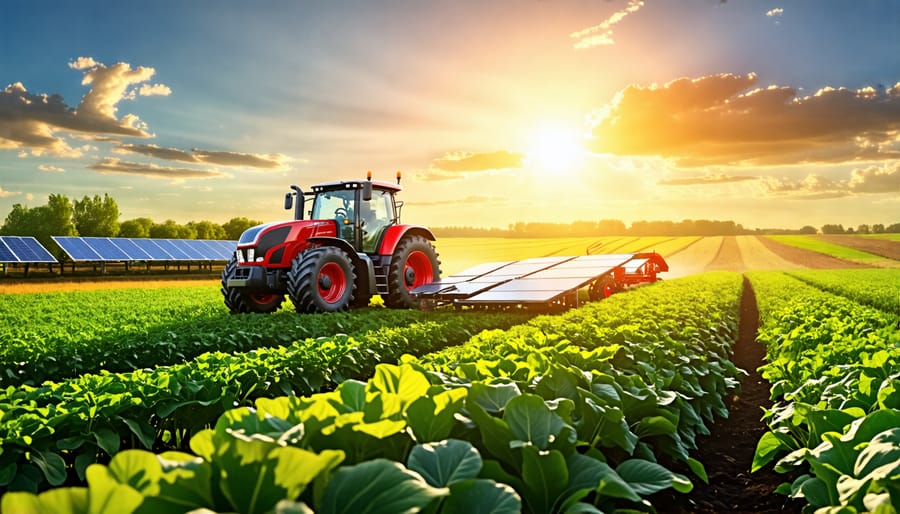 A cutting-edge farm using solar-powered machinery under a vibrant sun, highlighting the sustainable and technological advancements in agriculture.