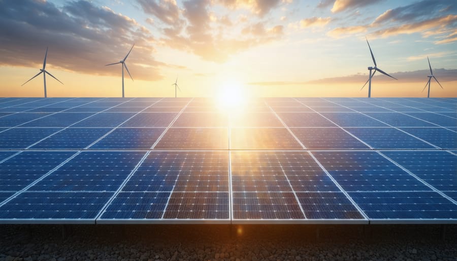 Sunrise illuminating a field of solar panels and wind turbines, illustrating Europe's shift towards renewable energy and sustainable power solutions.